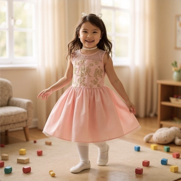 The Children’s Place ✦ Pink Satin Party Dress ✦ Gold Embroidery Tulle Skirt 10 - Picture 2 of 8